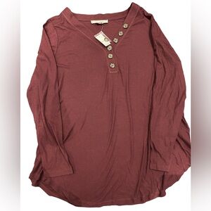 Penningtons Burgandy Long Sleeve Henley Ribbeb Plus Size Top